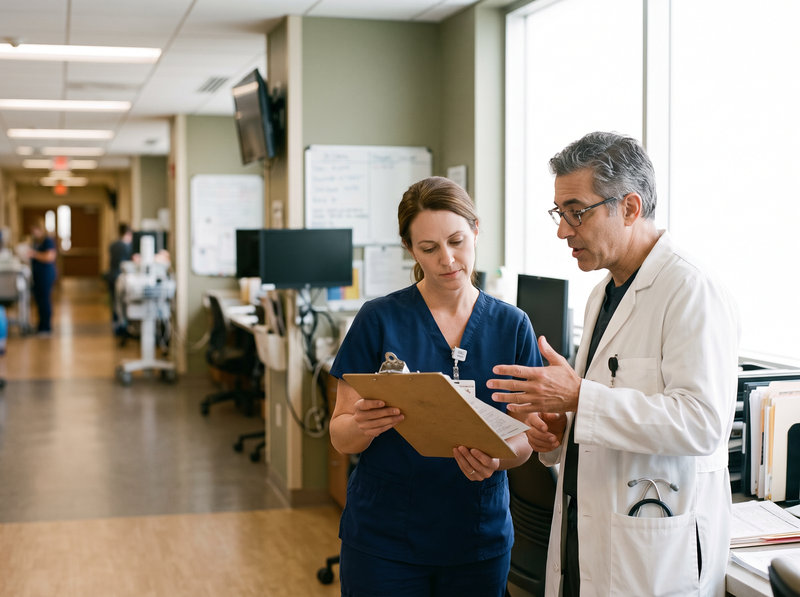 A nurse and a physician review a patient chart together at a hospital nurses' station.
