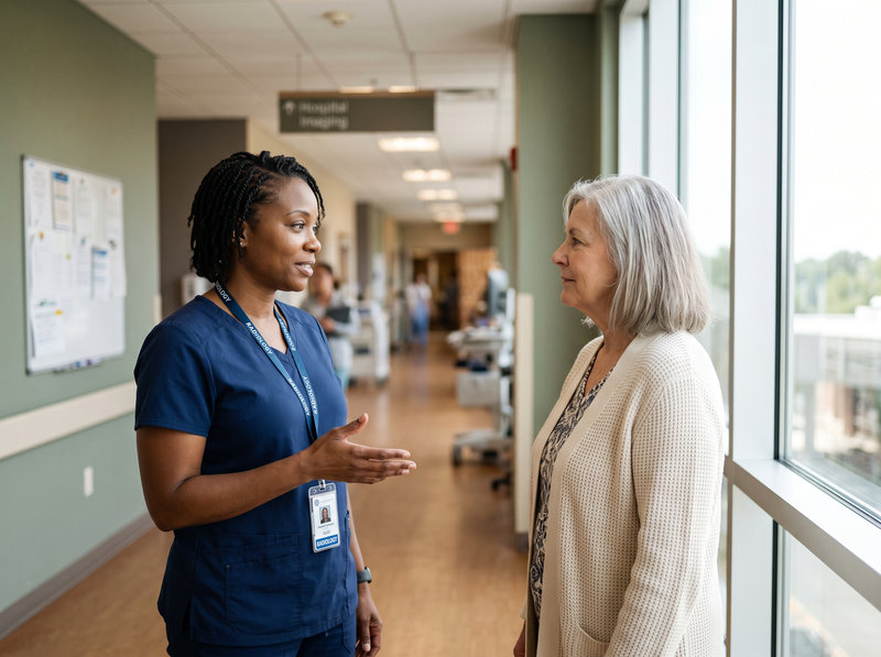 A radiologic technologist explains an upcoming imaging appointment to a patient in a hospital corridor.