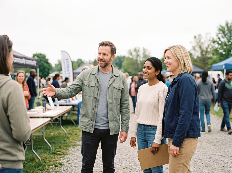 Three Arnot Health staff members talk with a resident at an outdoor community event.