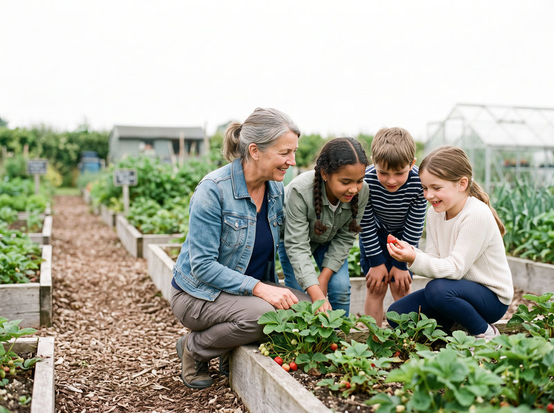 An adult volunteer and three children examine ripe strawberries in a raised community garden bed.