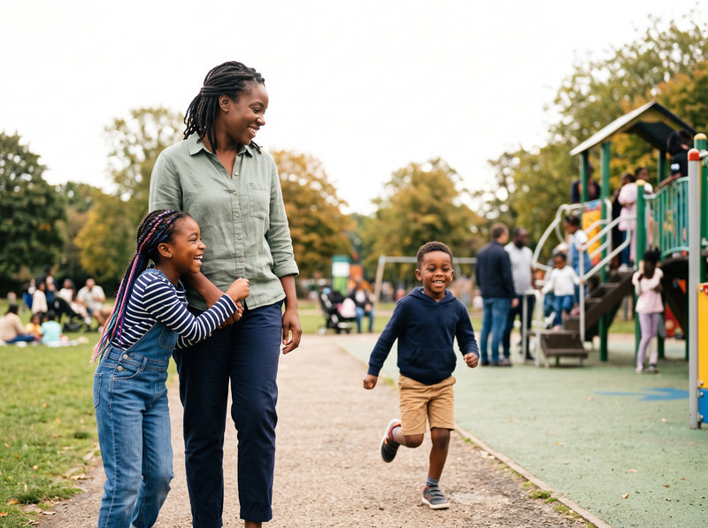 A mother walks toward a playground with her two children at a community park.