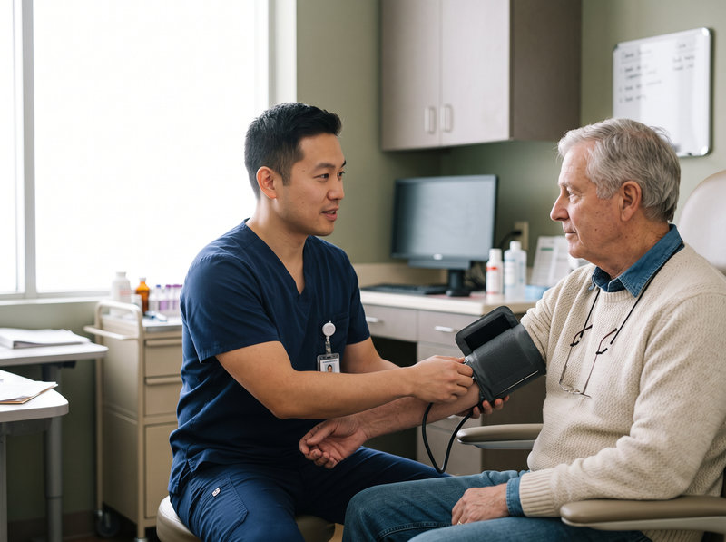 A nurse fastens a blood pressure cuff on an older patient's arm during a screening.