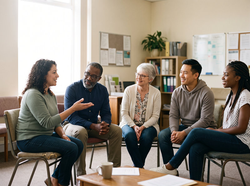 Five adults sit in a circle of chairs during a group session led by a facilitator.