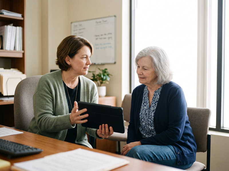 A patient services coordinator walks an older patient through the patient portal on a tablet.