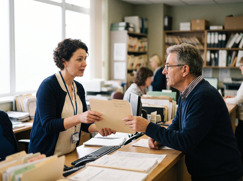 A health information staff member hands a medical records folder to a patient across a records counter.