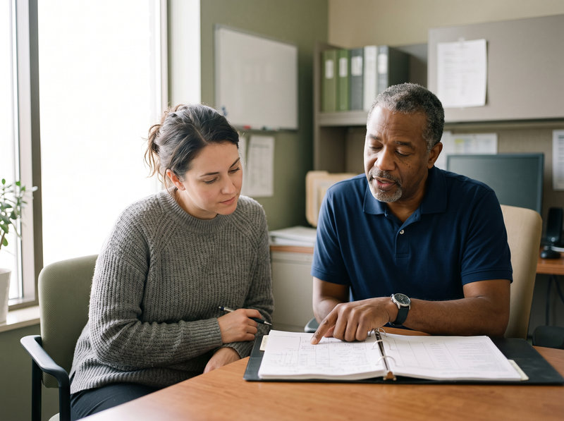Two hospital administrative staff review an open binder together at an office desk.