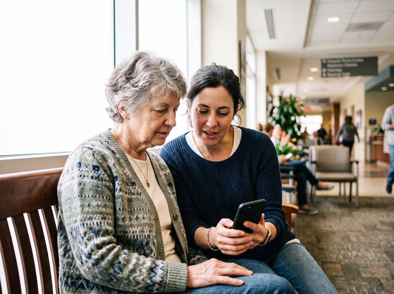 An older woman and her adult daughter sit together on a hospital lobby bench, looking at a phone screen.