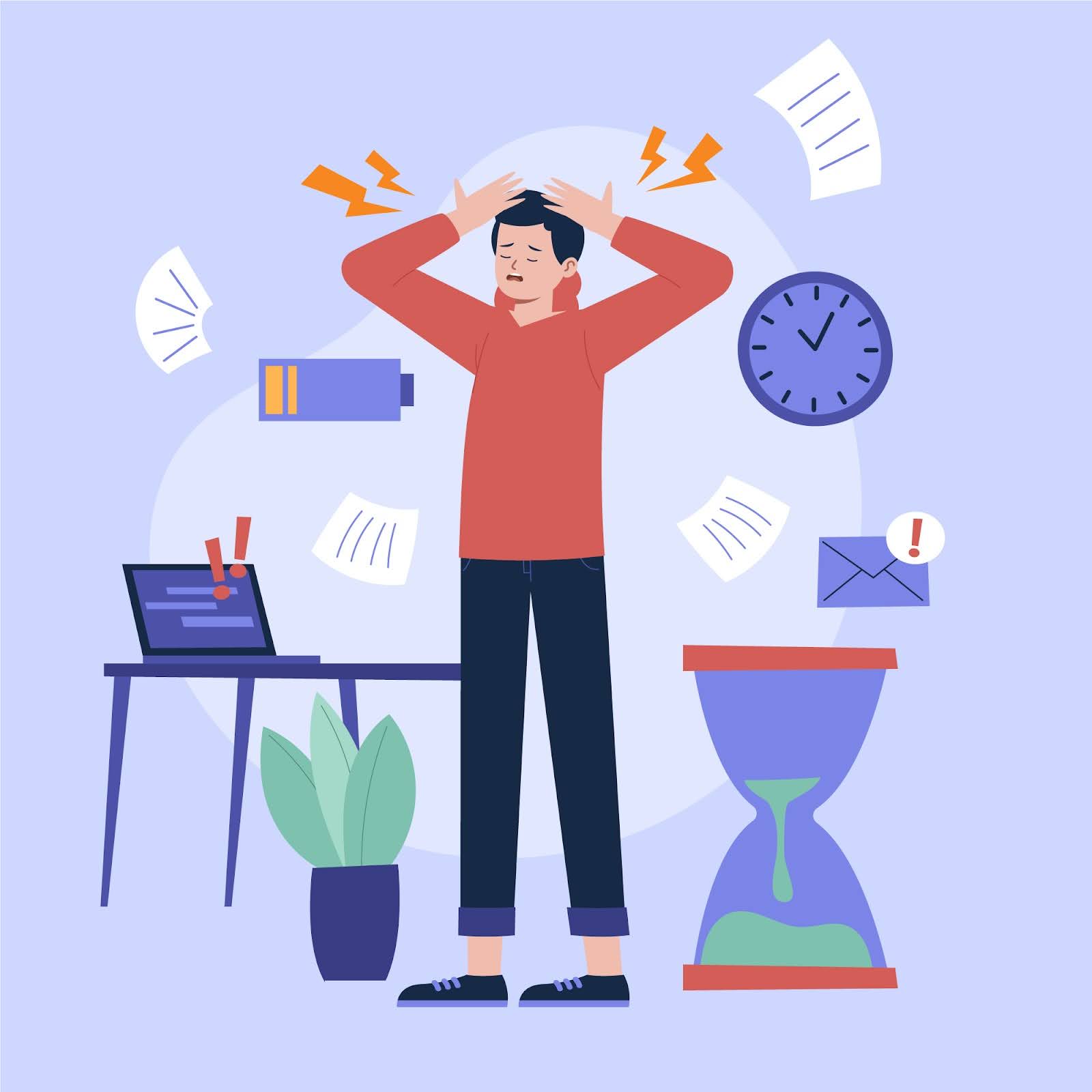 graphic of stressed man surroundeded by laptop, hourglass, email, clock, and low battery symbols gut health myths arnot health