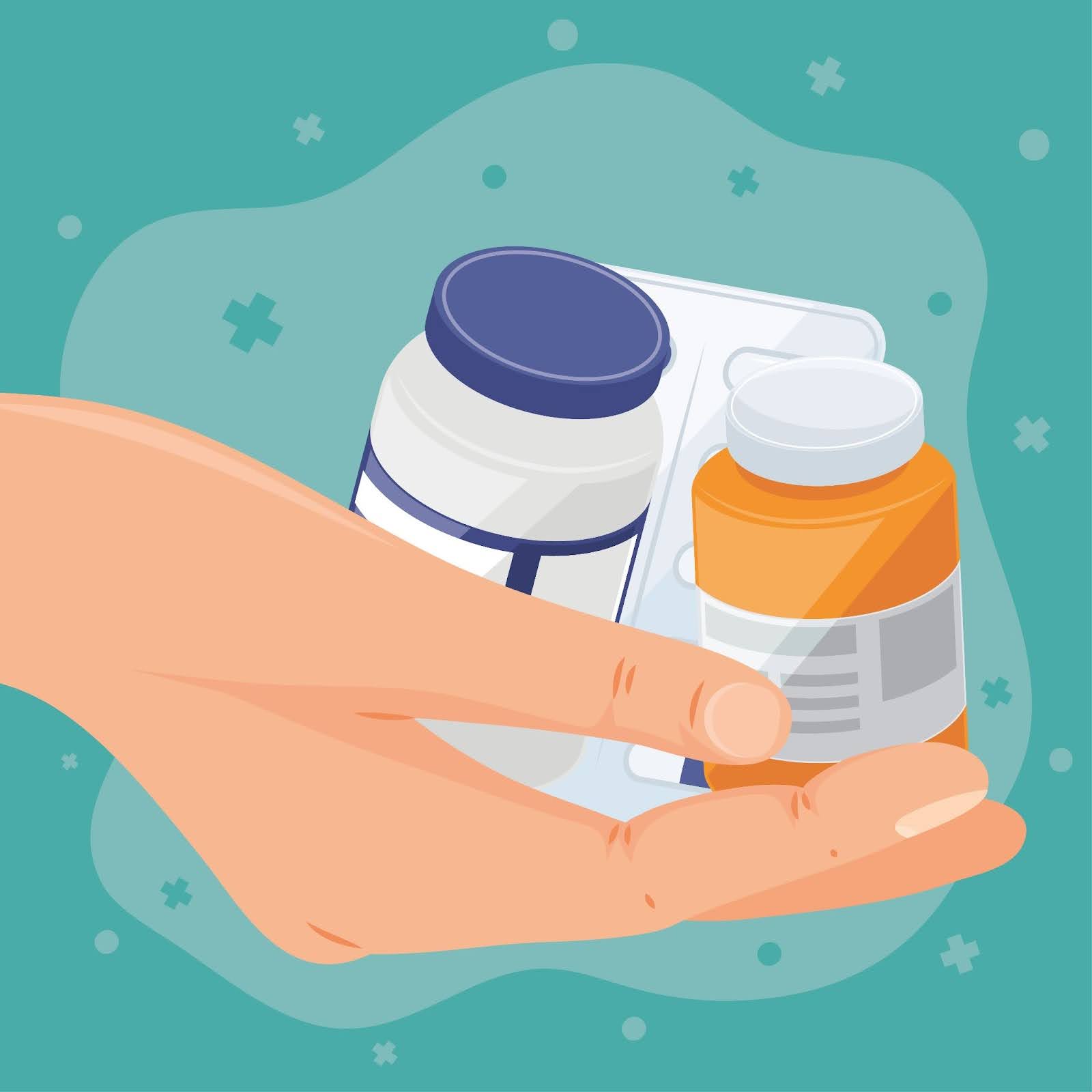 graphic of hand holding supplement and pill bottles with blue background gut health myths arnot health