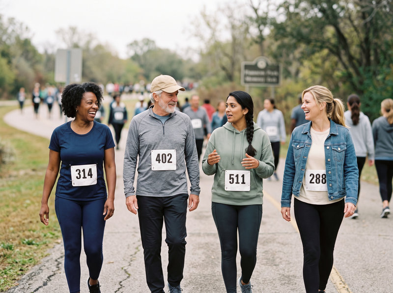 Four walkers wearing race bibs walk a paved park route together at a community fitness event.