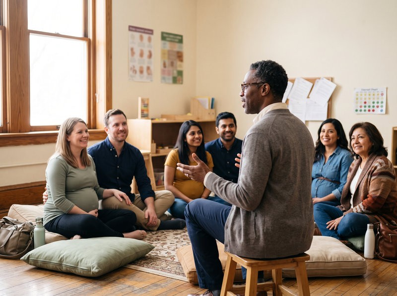 A childbirth educator leads a class of expectant parents seated on floor cushions.